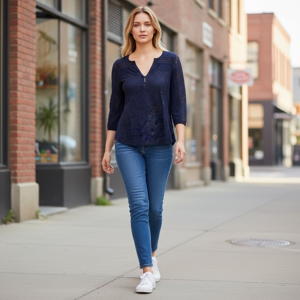 Lucky Brand Blue Lace 3/4 Sleeve Top